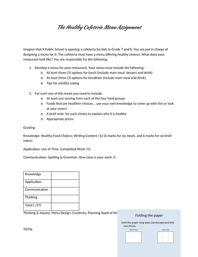 Health: Cafeteria Assignment; Grades 5-8