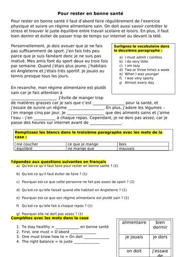 Pour rester en bonne santé reading and vocab building