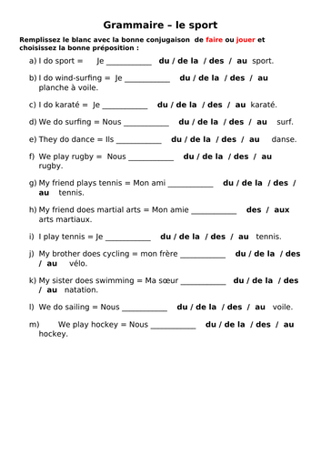 Sports with prepositions French KS4