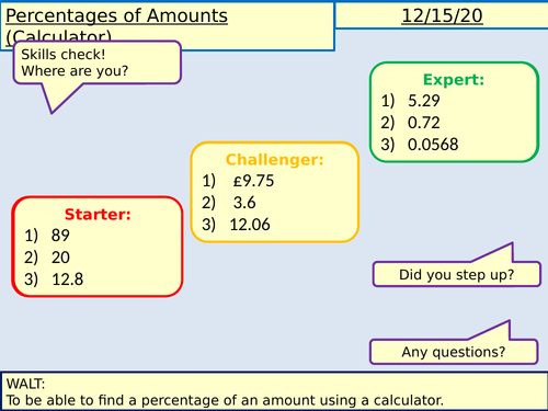 Percentages of Amounts Lessons