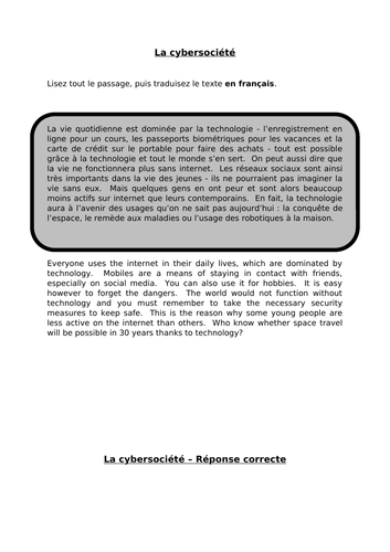 La cybersociété - translation into French | Teaching Resources