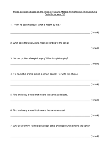Guided reading questions based on the Lyrics for The Lion King Hakuna Matata and suggested answers