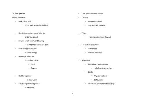 Notes: Cambridge Checkpoint and Beyond - Biology Secondary 1 (Year 9) Chapter 14 Adaptation and Surv