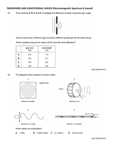 TRANSVERSE & lONGITUDINAL WAVES (MCQs 0625 CLASSIFIED WORKSHEET WITH ANSWERS)