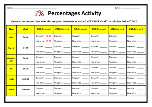 Y5 and Y6 Percentages Worksheets ... Calculate the discount & write new price