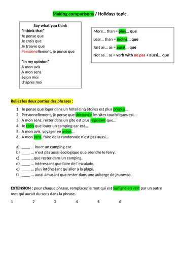 Making comparisons (Holidays) worksheets
