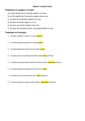 Depuis with present tense worksheet