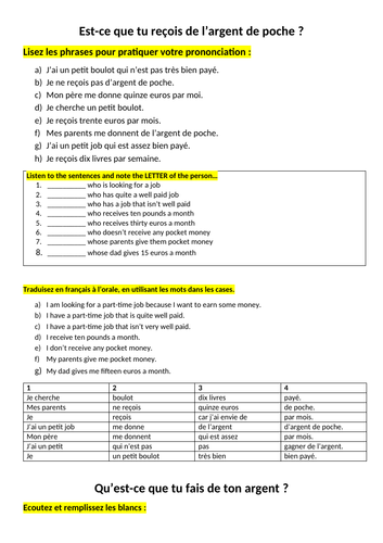 Pockey money activities KS4 French