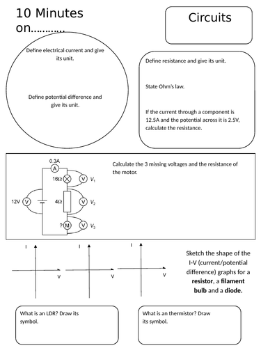 Physics 10 minutes on.... circuits