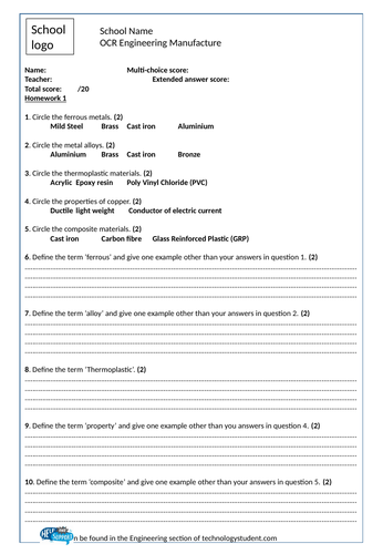 R109: Engineering manufacture - Homework