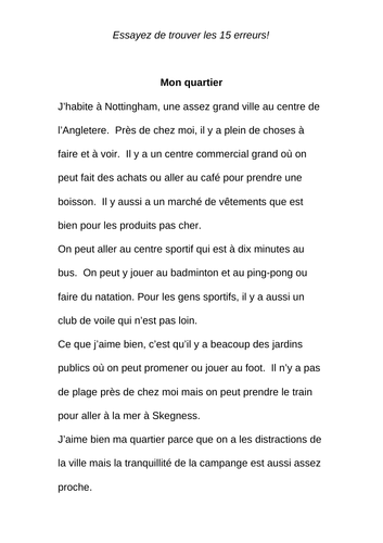 GCSE French Mon quartier text - find the 15 errors