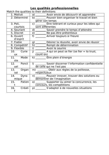 Les qualités professionnelles match sheet