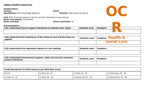 Tracking and Smith Proformas for Cambridge National Health and Social Care