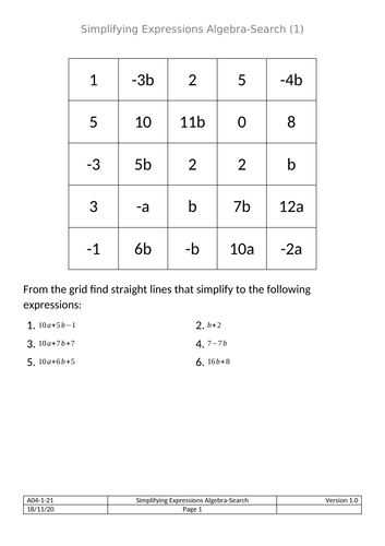 Collecting Like Terms - Algebra-search