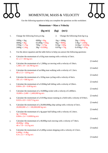 GCSE Physics Paper 2 - Momentum (Higher) Calculations Worksheet with