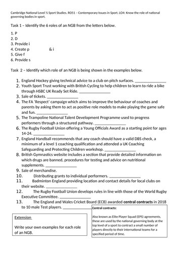 The Role of NGBs in Sport Worksheet.