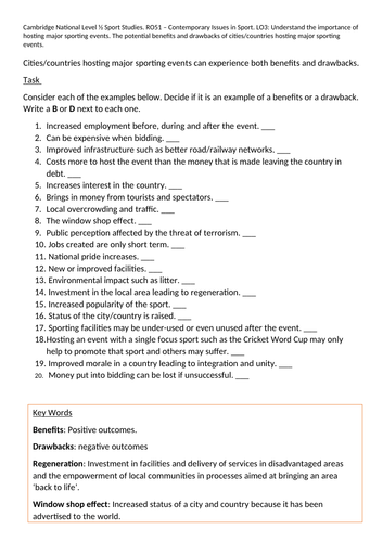 The Benefits and Drawbacks of Cities/Countries Hosting a Major Sporting Event Worksheet