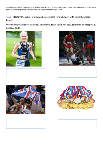 Values which can be promoted through sport worksheet 2.