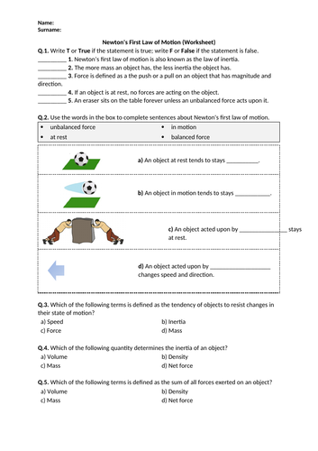 Newton's First Law of Motion - Worksheet | Distance Learning