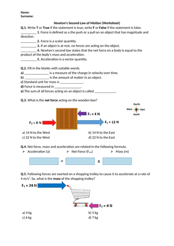 Newton's Second Law of Motion - Worksheet | Distance Learning