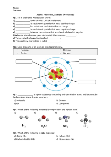 Atoms Molecules And Ions Worksheet Distance Learning Teaching Resources 