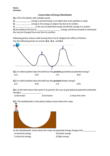 Conservation of Energy - Worksheet | Distance Learning