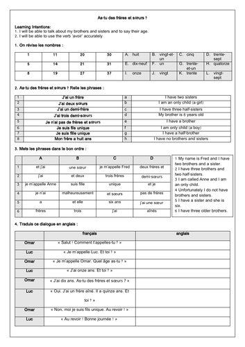 French KS3 Brothers & Sisters - As-tu des frères et sœurs? Dynamo 1.1