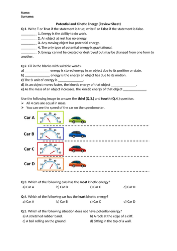 Potential and Kinetic Energy - Worksheet | Distance Learning