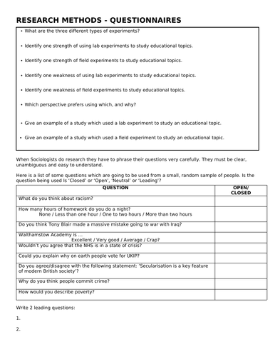 Questionnaires AQA A level Sociology - Research Methods | Teaching ...