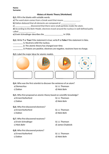 History of Atomic Theory - Worksheet | Distance Learning
