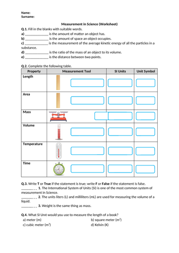 Measurement in Science - Worksheet | Distance Learning