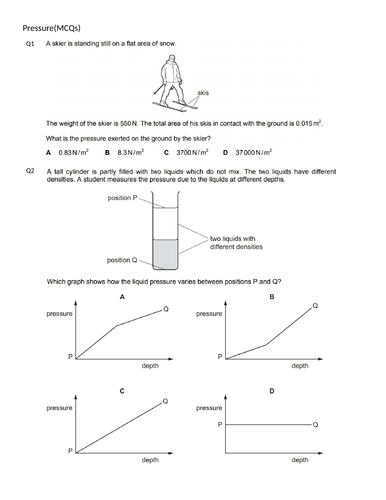 PRESSURE(MCQS 0625 IGCSE CLASSIFIED WORKSHEET WITH ANSWERS)