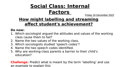AQA A level Sociology- Education - Social Class & achievement (Internal Factors)