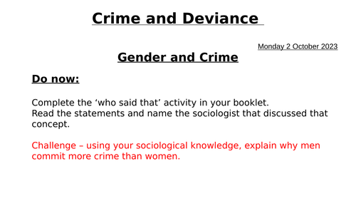 AQA A level Sociology - Gender and Crime & Deviance - UPDATED 2023