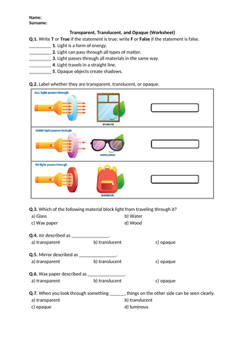 Transparent, Translucent, and Opaque - Worksheet | Distance Learning