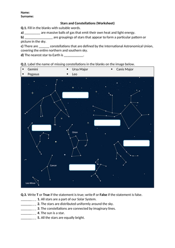 Stars and Constellations - Worksheet | Distance Learning
