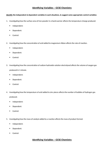 Identifying Variables Worksheet Gcse Chemistry With Answers Teaching Resources