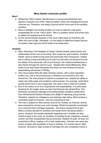 Mina Harker character profile - Dracula, A Level English language and literature