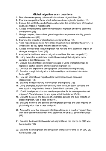 A Level Geography - global migration exam questions