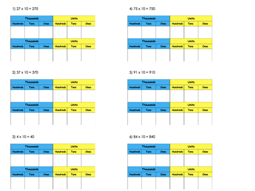 Multiplying by 10, 100 and 1000 Worksheets