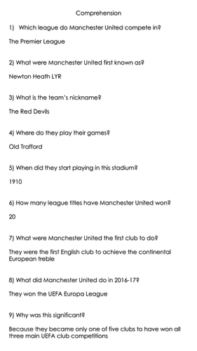 Manchester United Information Text/ Comprehension