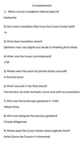 Kedleston Hall Information Text/ Comprehension
