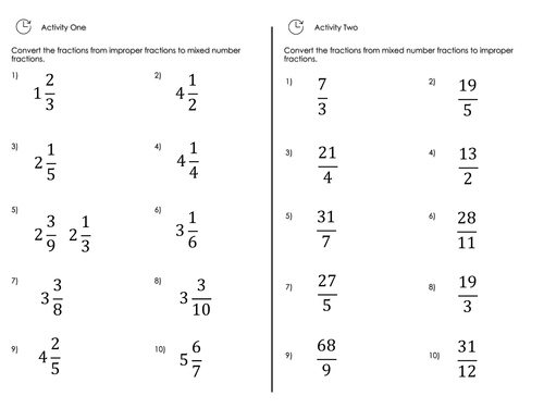 Mixed Number and Improper Fractions Worksheet