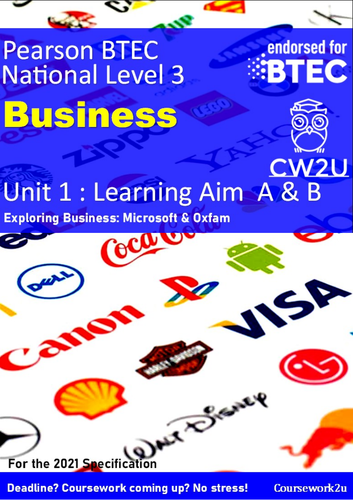 2021 BTEC Business Level 3 -  DISTINCTION* Unit 1 Learning aim A & B Microsoft & Oxfam