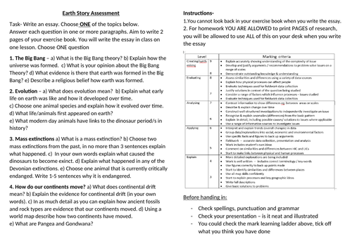 Earth Story topic three different Assessment tasks