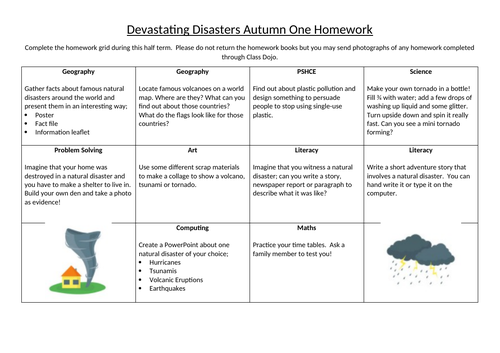 Natural Disasters Year 6 Homework Grid