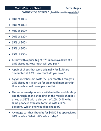 Maths - Percentages Practice/Assessment