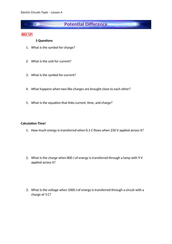AQA GCSE Potential Difference HigherTier - Video and worksheet [remote learning]