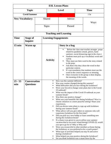 Covid Summer ESL Speaking  Lesson plans