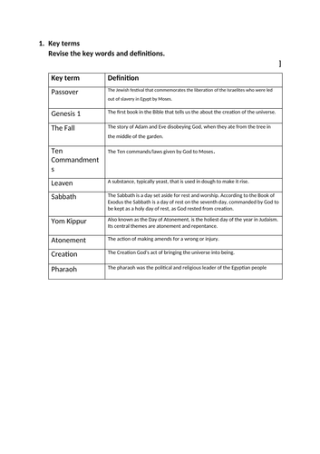 Key word test - Judaism KS3